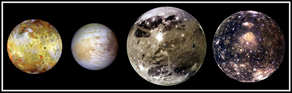 Галилеевы спутники Юпитера. Слева на права - Ио, Европа, Ганимед, Каллисто.