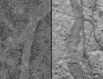 Сравнение поверхности Ганимеда (слева) и Европы (справа). Поверхность Ганимеда.